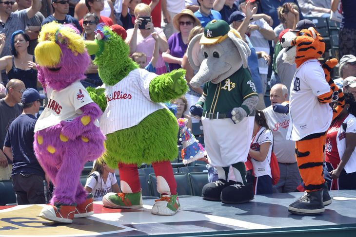 Kind of appropriate that Slider was joined by three mascots whose teams are also going to miss the playoffs.- David Richard-USA TODAY Sports