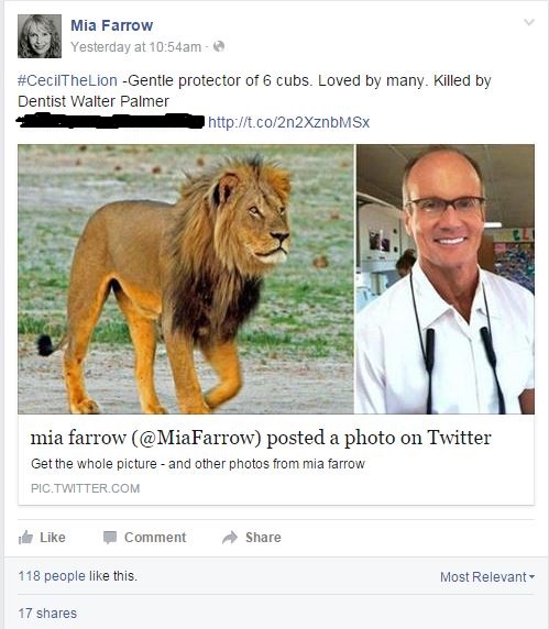 Mia Farrow outraged at the death of Cecil the lion tweeted Walter Palmer's business address during a rant on Twitter. The post was since deleted but a version remains on her Facebook page. HNGN has blurred out Palmer's address