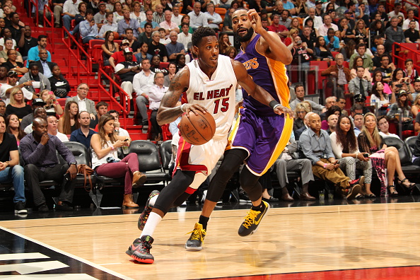 Mario Chalmers #15 of the Miami Heat drives to the basket against the Los Angeles Lakers