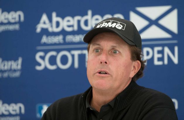 US golfer Phil Mickelson answers questions from the media during a preview day ahead of the Scottish Open at Gullane Golf Club Gullane Scotland Wednesday