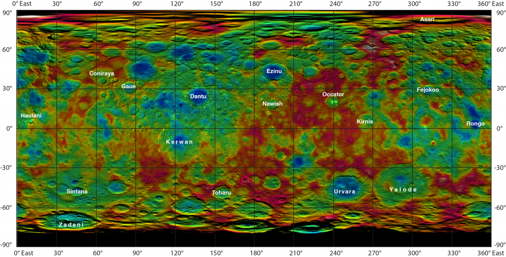 Topographic elevation map of Ceres showing some newly-named craters. Credit NASA  JPL-Caltech  UCLA  MPS  DLR  IDA