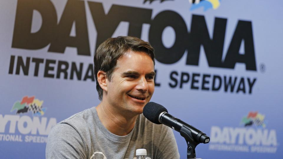 Jeff Gordon answers questions during a news conference after qualifying for the NASCAR Sprint Cup Series was canceled at Daytona International Speedway Saturday