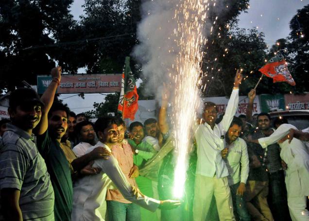 BJP supporters celebrating after Bihar Legislative Council election results were declared in Patna on Friday