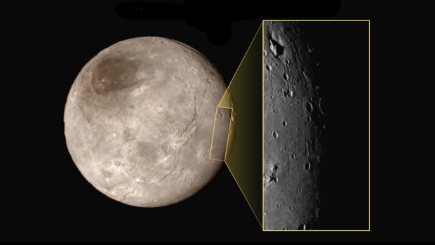 A close-up of Pluto's largest moon Charon shows a depression with a peak in the middle seen in the upper left corner of the inset. The image shows an area approximately 390 kilometres from top to bottom