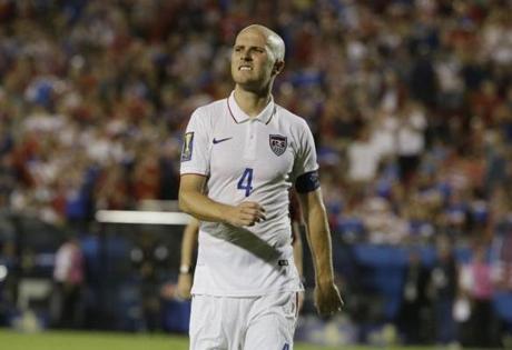 U.S. captain Michael Bradley walks the field during a CONCACAF Gold Cup soccer match in Frisco Texas Tuesday