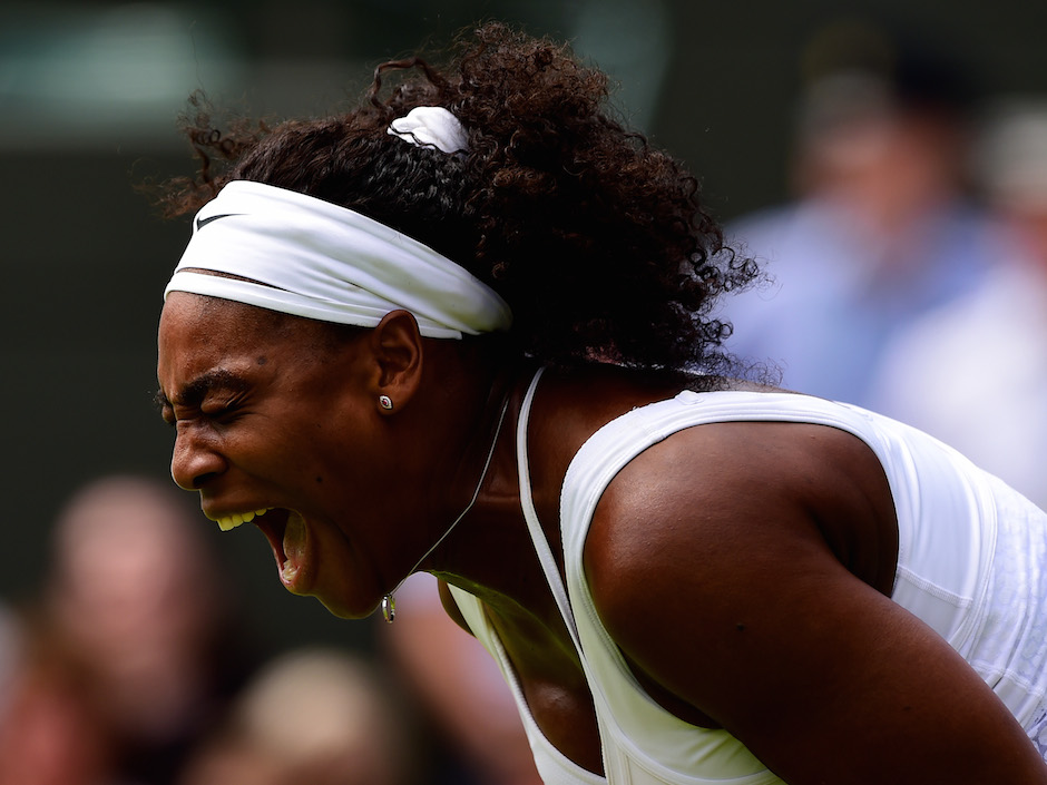 Serena Williams of the United States reacts in her women's singles first round match against Margarita Gasparyan of Russia during day one of the Wimbledon Lawn Tennis Championships at the All England Lawn Tennis and Croquet Club