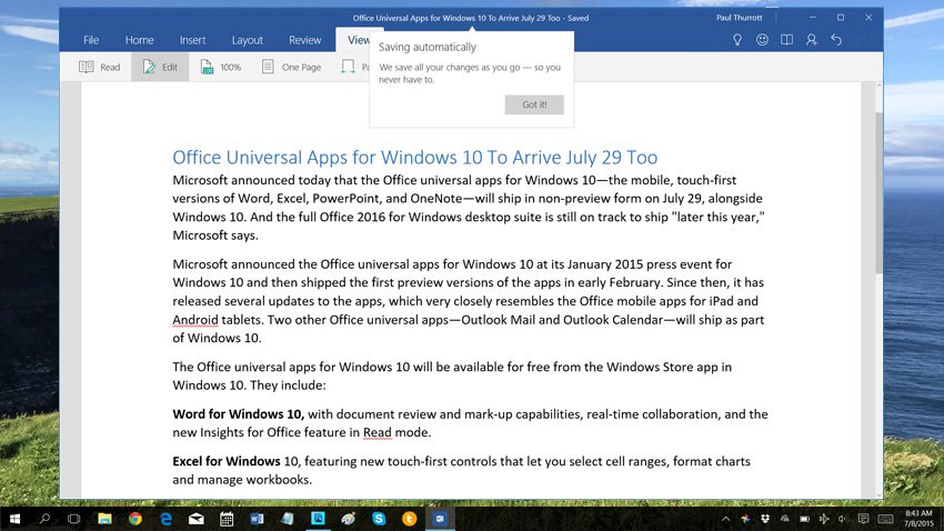 Office Universal Apps for Windows 10 To Arrive July 29 Too