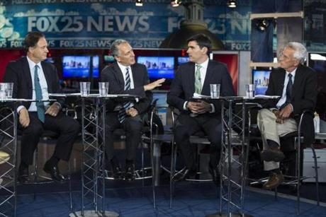 From left Boston 2024 committee chairman Steve Pagliuca Boston 2024 board member Daniel Doctoroff No Boston Olympics co-chair Chris Dempsey and Smith College economist Andrew Zimbalist participated in the Olympics debate on Thursday