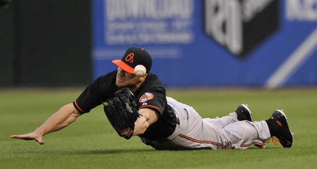 Baltimore Orioles right fielder Chris Davis misses a fly ball hit by Chicago White Sox's Avisail Garcia during the third inning of a baseball game Friday