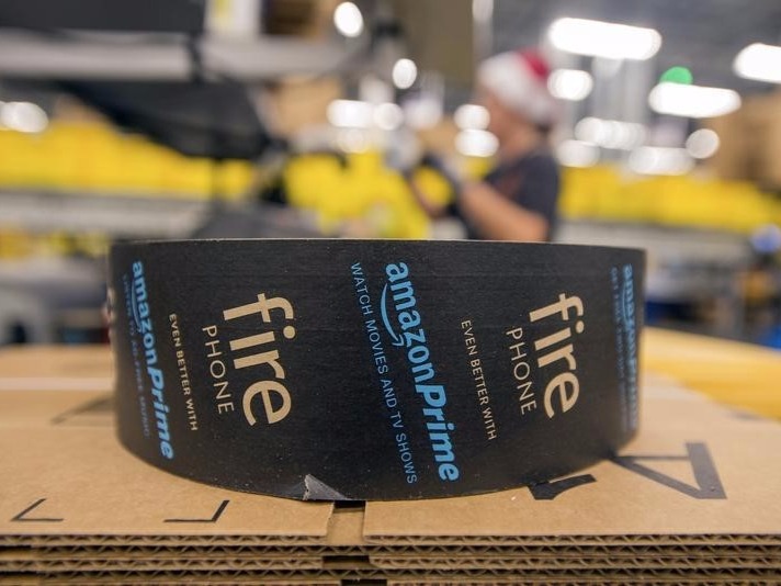 Packing tape sits atop a box at an Amazon Fulfillment Center ahead of the Christmas rush in Tracy California