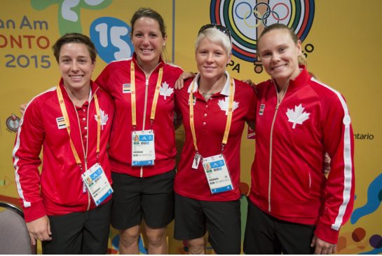 From left Ghislaine Landry Kelly Russell Jen Kish and Karen Paquin of Canada's women's rugby sevens team were introduced during a media press conference at the Pan Am Games Main Press Centre