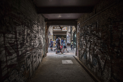 Pedestrians pass a fast food kebab store in Toulouse France