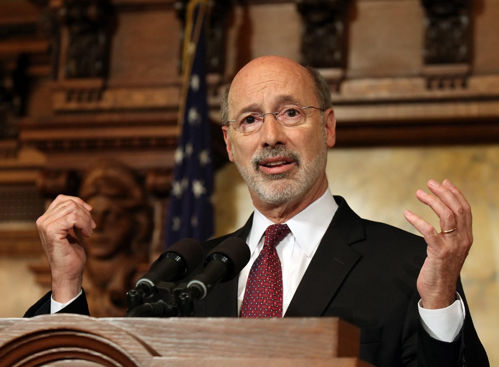 Pennsylvania Gov. Tom Wolf speaks to members of the media at the state Capitol in Harrisburg Pa. Tuesday