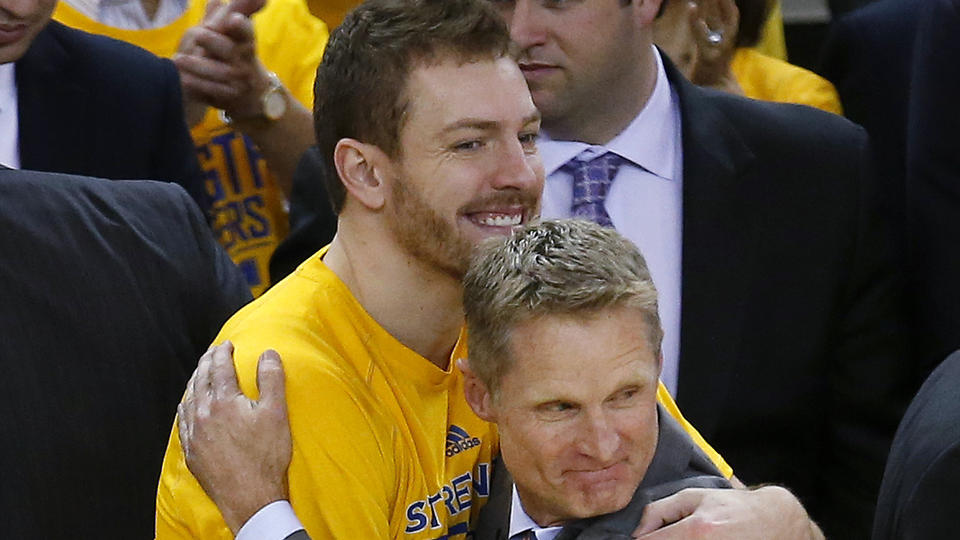 Press David Lee left hugs Golden State coach Steve Kerr during the second half of Game 5 of the NBA Finals last month