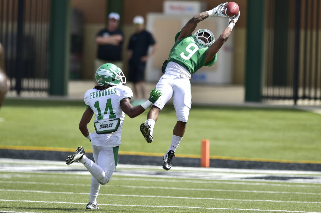 North Texas wide receiver Carlos Harris hauls in a pass during the Mean Green's spring game. The senior was among 44 players included on the watch list for the Paul Hornung Award given annually to the nation's most versatile player. (Denton Record-Chroni