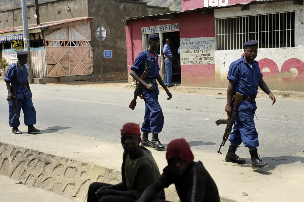 Policemen patrol the Musaga district of Bujumbura Burundi Monday