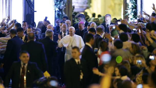 Pope Francis leaves the Metropolitan Cathedral after evening prayers in Asuncion Paraguay