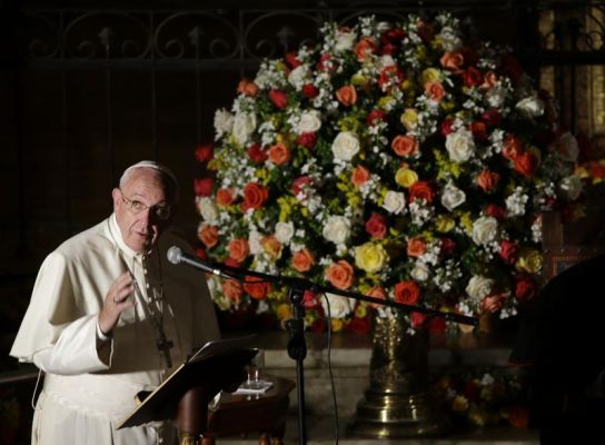 Pope Francis delivers his message during his visit