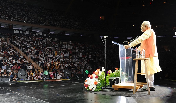 Prime Minister Narendra Modi speaking at Madison Square Garden during his visit to the United States last September