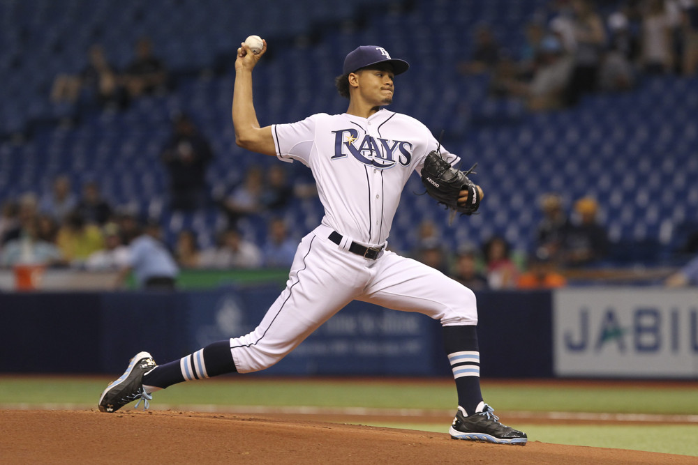 12 May 2015 Tampa Bay Rays starting pitcher Chris Archer delivers a pitch during the regular season Major League Baseball game between the New York Yankees and Tampa Bay Rays at Tropicana Field in St. Petersburg FL