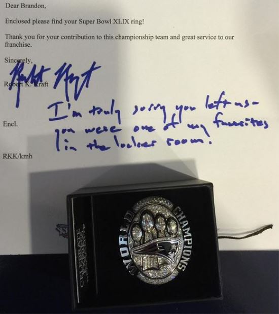 Robert Kraft writes Brandon Browner heartfelt letter with Super Bowl ring