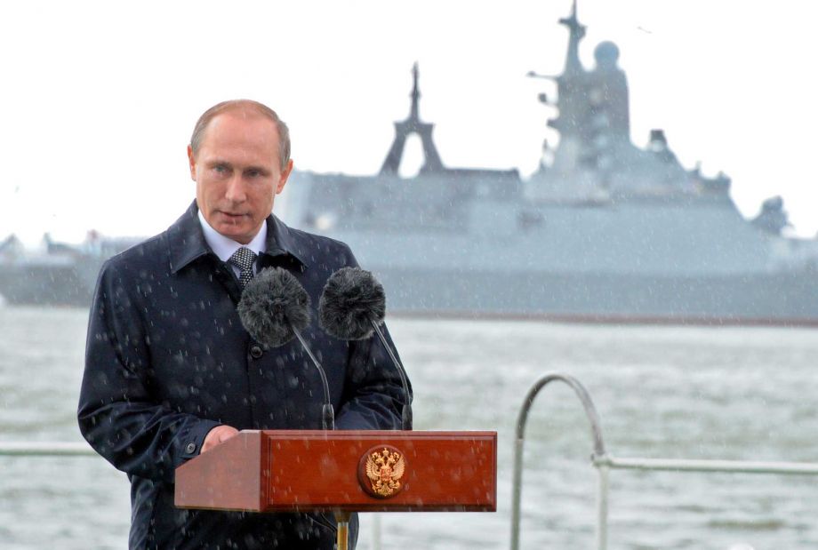 Russian President Vladimir Putin speaks as he attends a Navy parade in Baltiisk western Russia Sunday