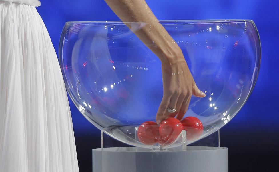 Presenter Natalia Vodianova starts the play-off draw
during the preliminary draw for the 2018 FIFA World Cup at Konstantin Palace in St. Petersburg Russia