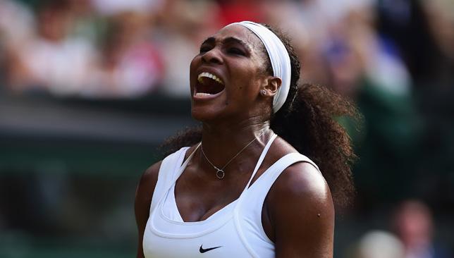 Serena Williams celebrates her victory over Heather Watson at Wimbledon