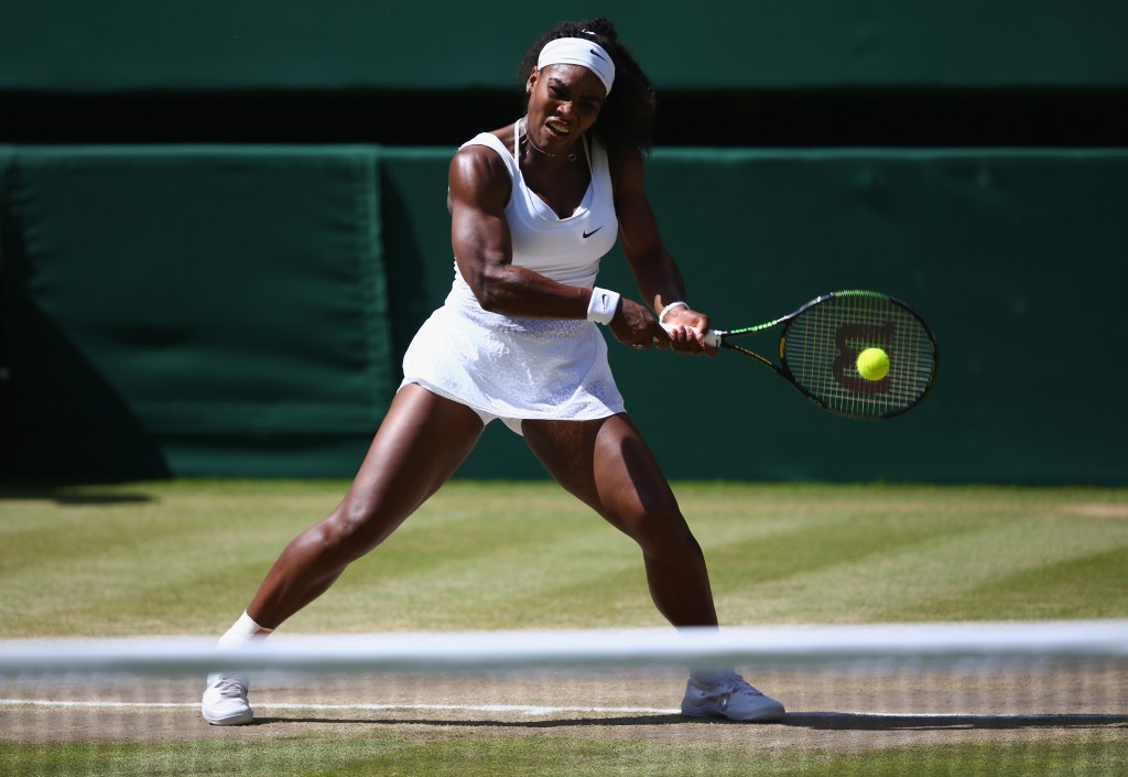 Serena Williams plays a backhand in the in the women's singles final at the 2015 Wimbledon Tennis Championships in London England