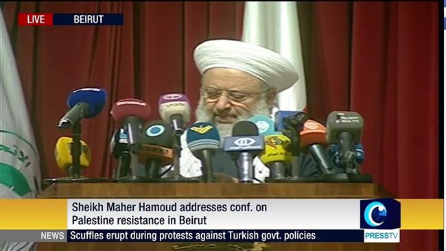 The imam of al Quds Mosque in the southern Lebanese city of Sidon Sheikh Maher Hamoud addresses a conference on Palestine resistance in Beirut Lebanon