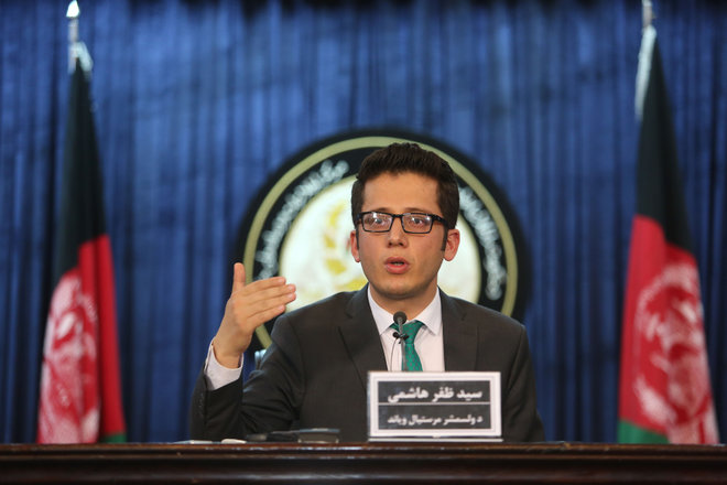 Zafar Hashemi a deputy spokesman for Afghan President Ashraf Ghani speaks during a press conference in Kabul Afghanistan Wednesday