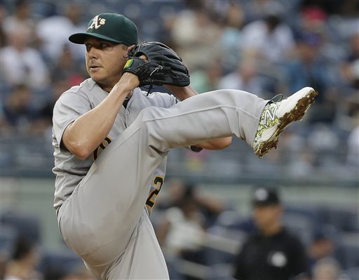 Oakland Athletics pitcher Scott Kazmir comes out of his wind up to deliver against the New York Yankees during the first inning of a baseball game Wednesday