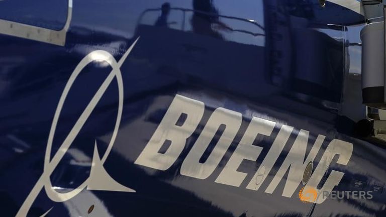 The Boeing logo is seen on a Boeing 787 Dreamliner airplane in Long Beach California