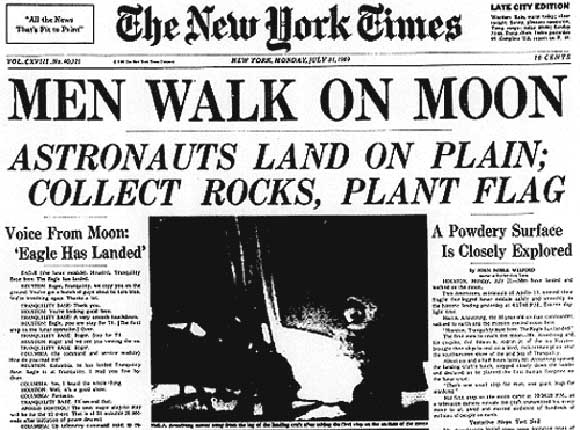 The front page of the New York Time celebrates the Apollo 11 moon landing