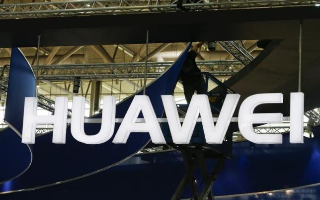 The logo of Huawei at the CeBIT trade fair in Hanover