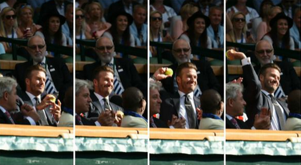 This sequence shows David Beckham catching the ball and throwing it back Source Wimbledon Twitter