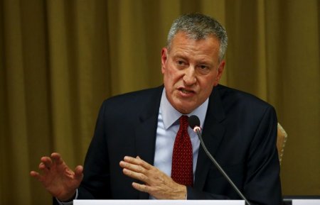 New York City Mayor Bill de Blasio speaks during the