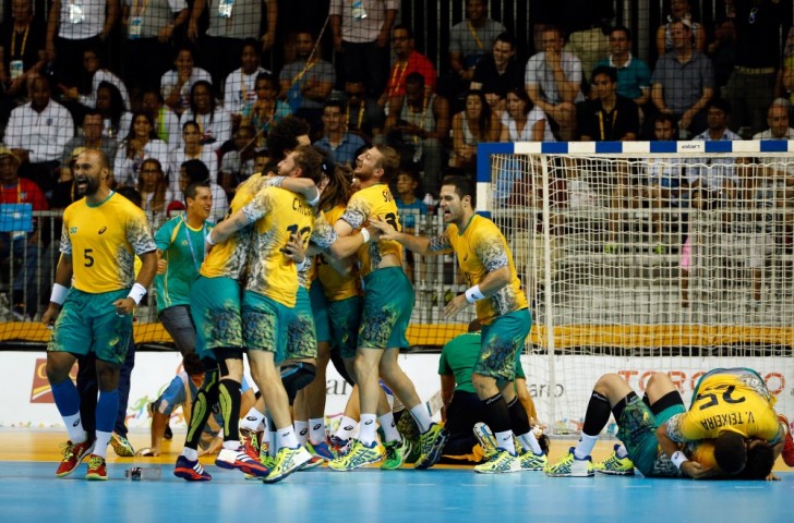 Brazil celebrate following their sensational men's handball victory over Argentina