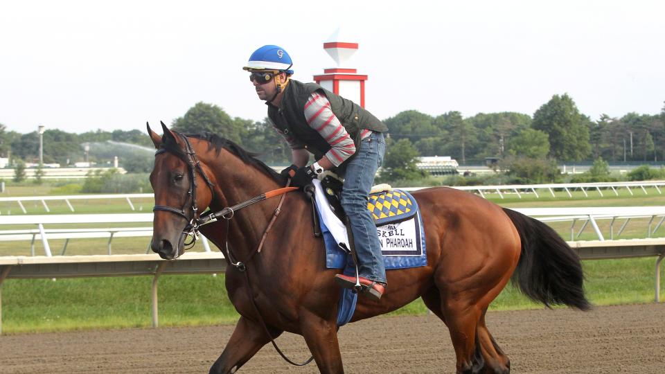 Triple Crown winner American Pharoah with exercise rider Jorge Alvarez up trains at Monmouth Park in Oceanport N.J. Thursday