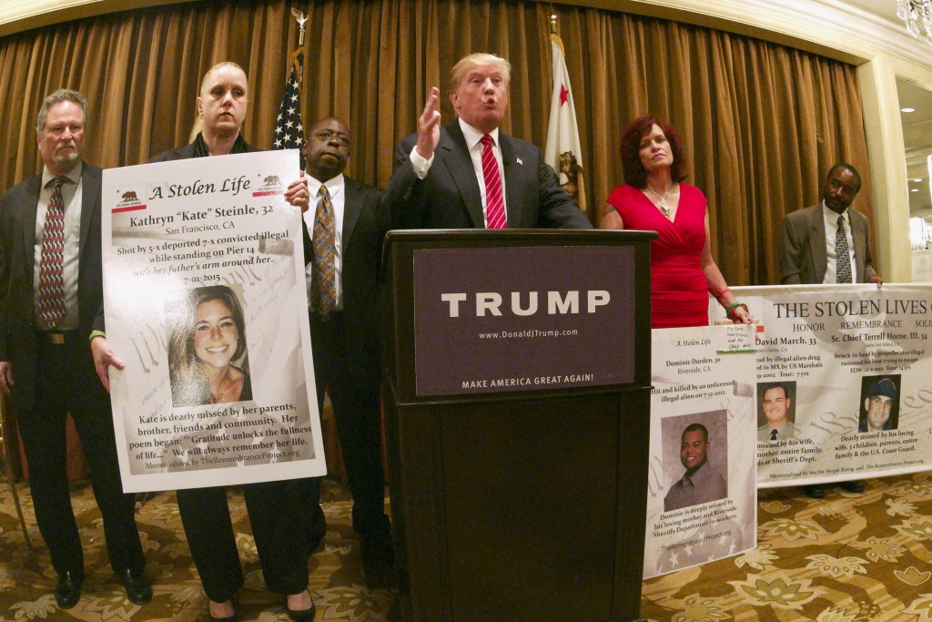 GOP presidential candidate Donald Trump discusses undocumented immigrants at a news conference in Beverly Hills California