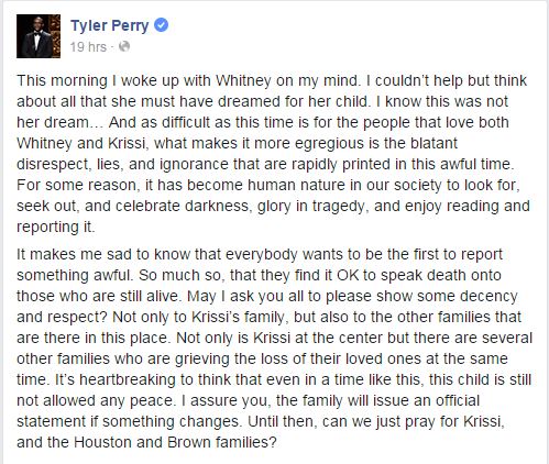 Tyler Perry calls for'decency and respect for Bobbi Kristina's condition on Facebook