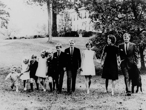 U.S. Sen. Robert F. Kennedy and Ethel Kennedy with eight of their nine children at home in McLean Va. in 1966.  Associated Press