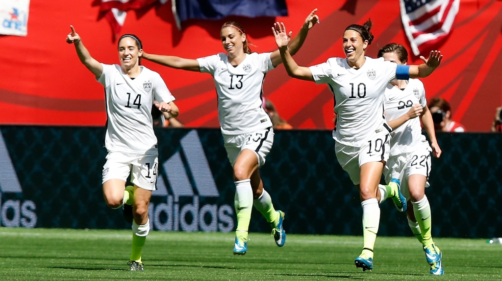 Sunday's FIFA Women's World Cup final drew record U.S. TV ratings that are similar to the decisive Game 6 of last month's NBA Finals. Here Carli Lloyd No. 10 celebrates the second U.S. goal with teammates