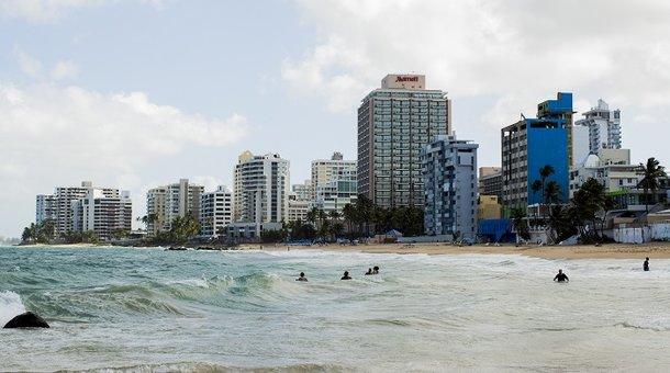 Vacant buildings dot the coast in the upscale Condado neighborhood in San Juan Puerto Rico.&nbsp