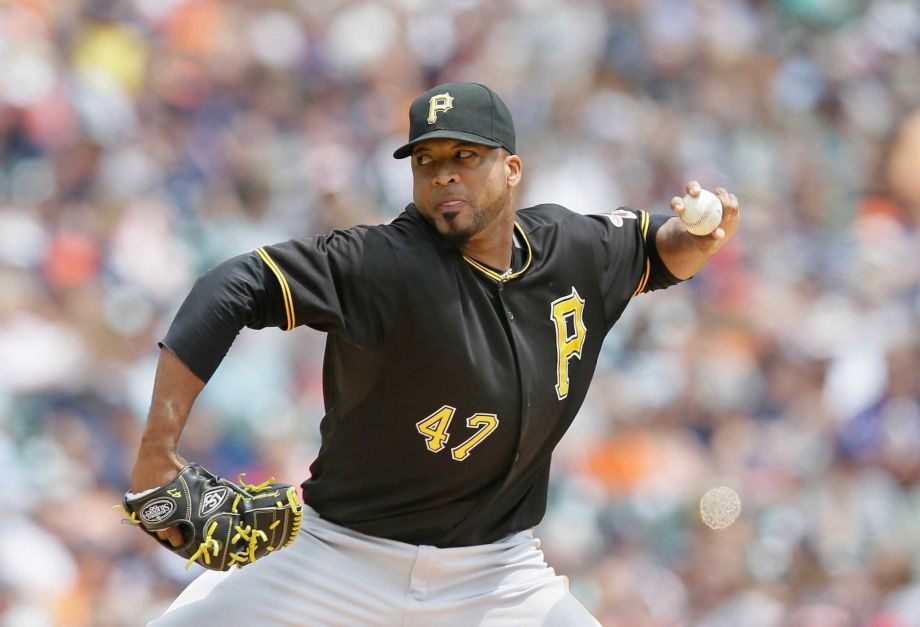 Pittsburgh Pirates starting pitcher Francisco Liriano throws during the first inning of a baseball game against the Detroit Tigers Thursday