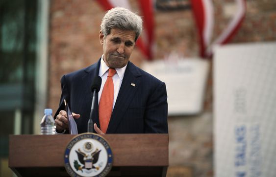 State John Kerry pauses as he delivers a statement to the media on the Iran nuclear talks in Vienna Austria