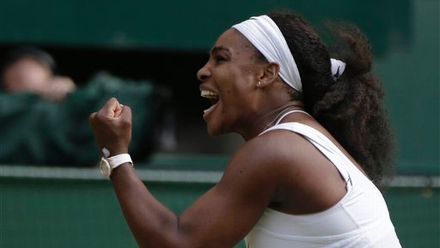 Serena Williams of the United States celebrates winning the singles match against Victoria Azarenka of Belarus at the All England Lawn Tennis Championships in Wimbledon. | AP