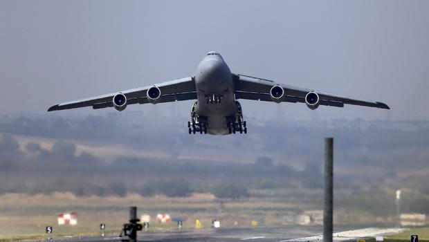 A U.S. Air Force C-5 Galaxy Outsize Cargo Transport Aircraft takes off from Incirlik air base in Adana Turkey