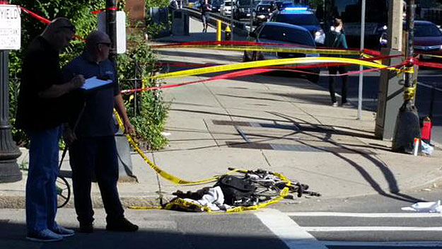 A bicyclist was struck and killed by a truck at the corner of Mass. Ave. and Beacon Street Friday morning