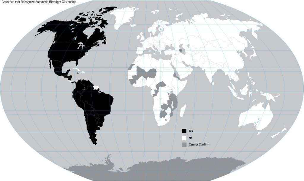 A map showing countries that grant birthright citizenship to children born to illegal immigrants